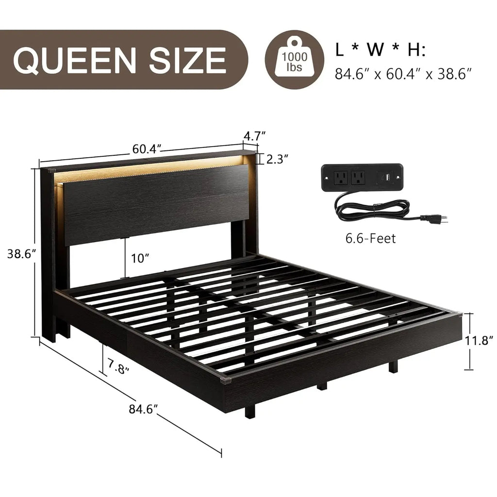 Bed Frame Queen Size with LED Lights & Charging Station – Kids Wood Floating Queen Bed Frame with Storage, Customized