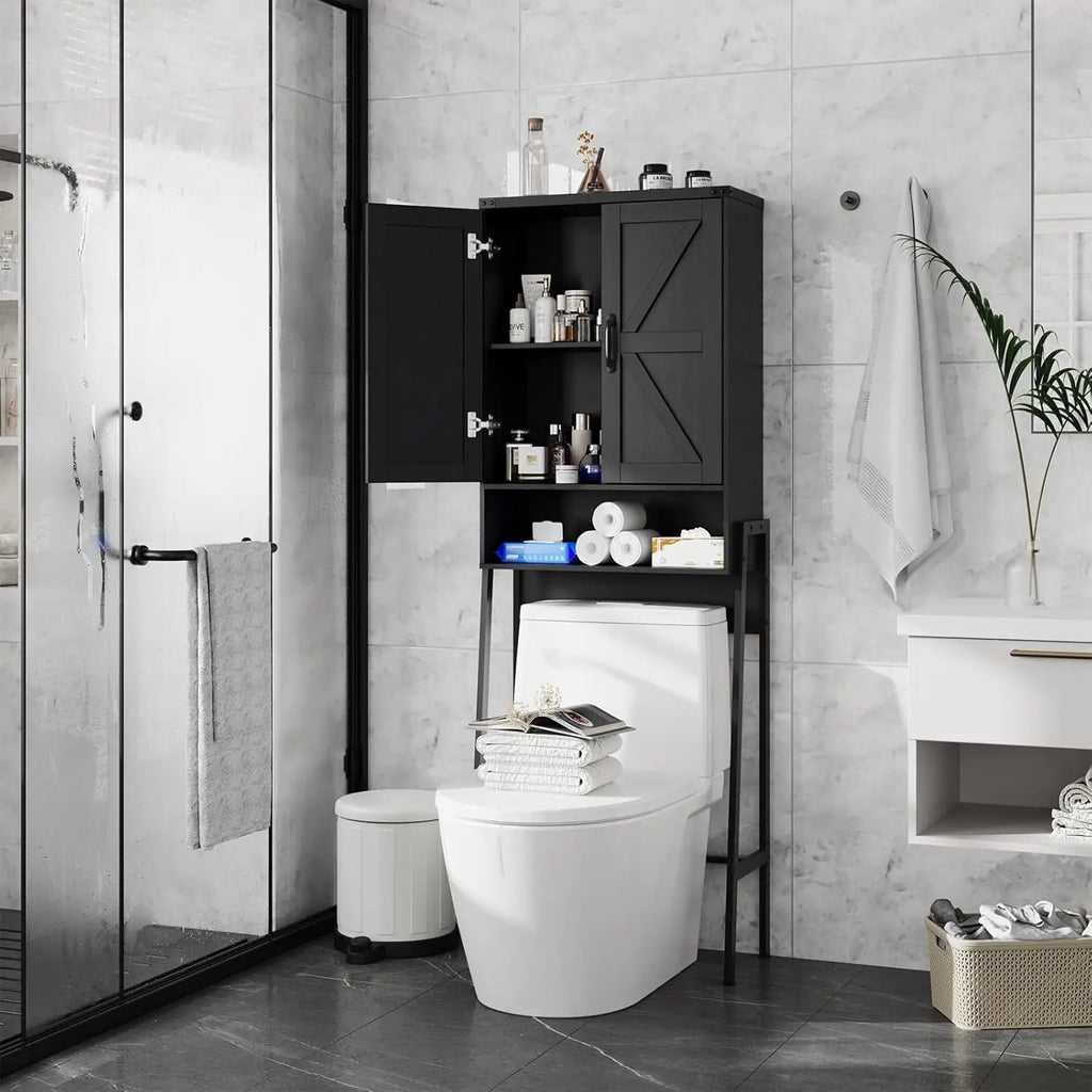 2-Door Over Toilet Storage Cabinet with Anti-Tip Device, Bathroom Organizer in Black for Tidy Spaces