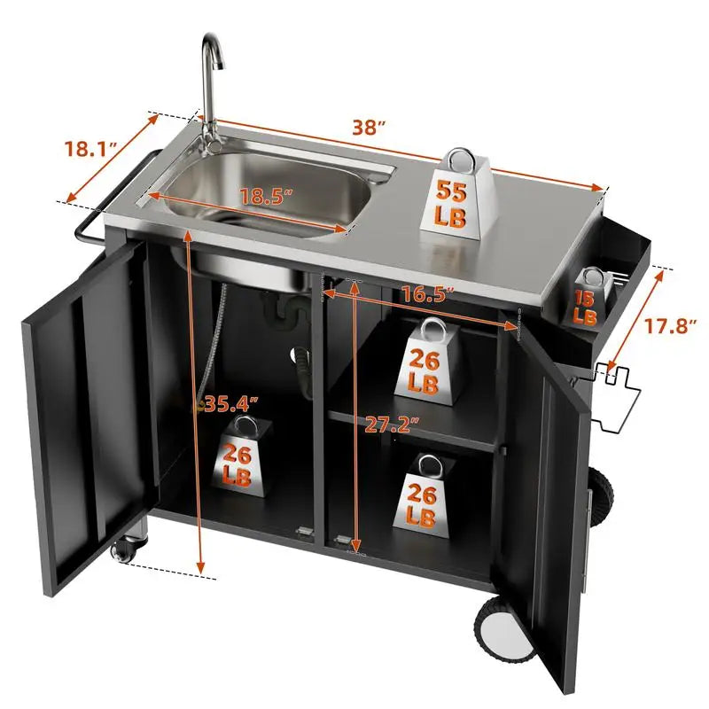 Outdoor Grill Cart with Sink, Stainless Steel Sink and Storage Cabinet, Portable BBQ Station with Wheels, 38" x 18" x 35" for