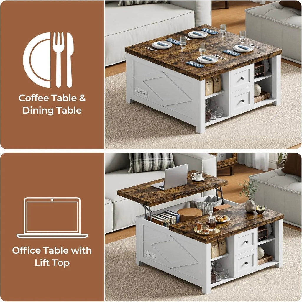 Lift Top Coffee Table with Storage Square Living Room Table with Charging Station and Drawers