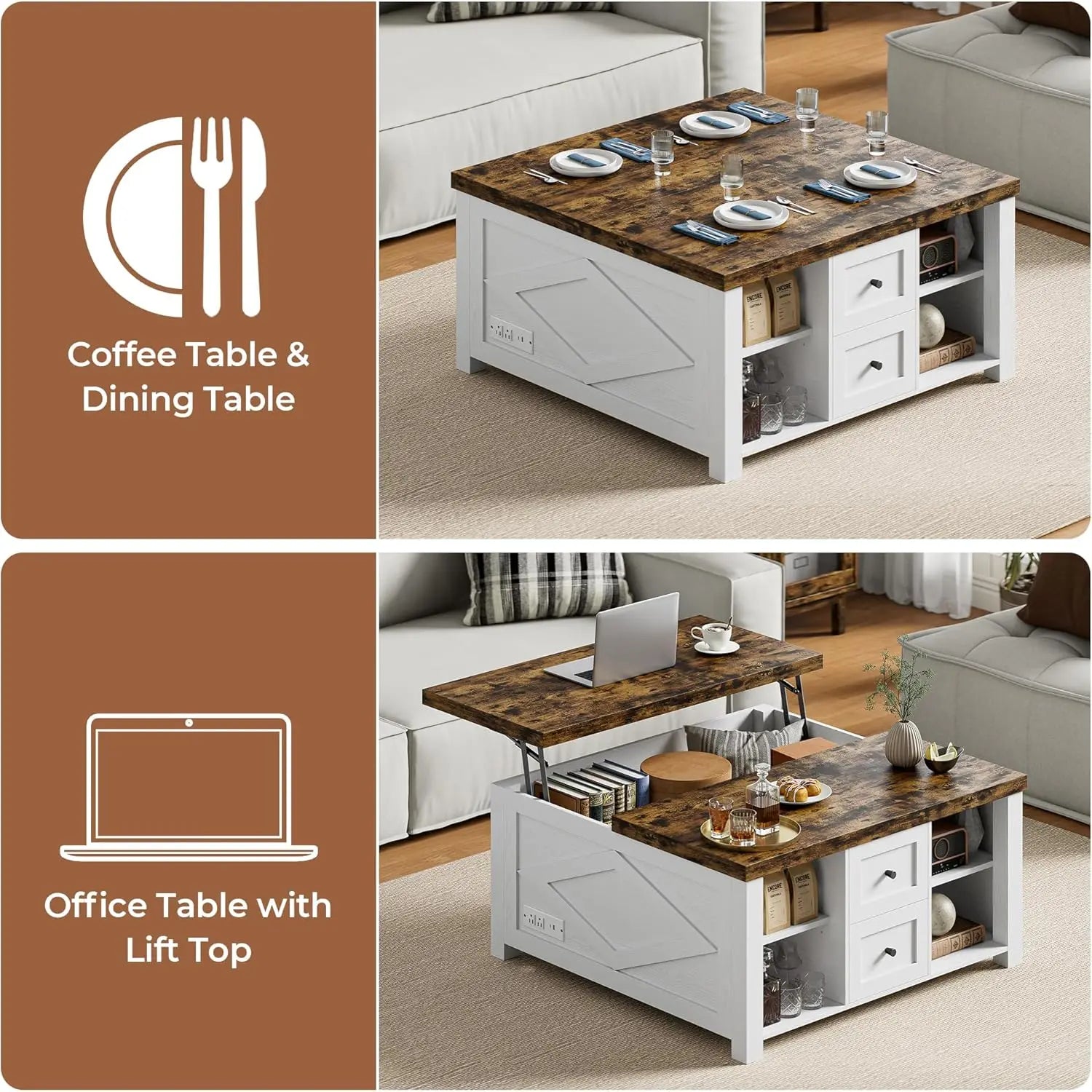 Lift Top Coffee Table with Storage Square Living Room Table with Charging Station and Drawers