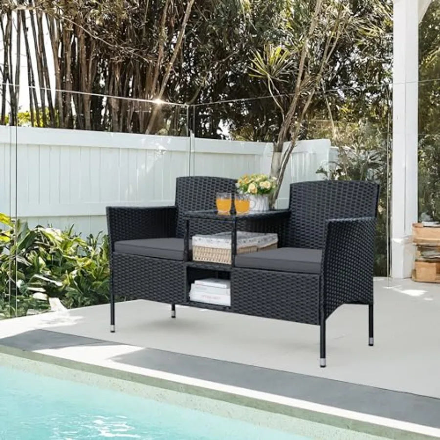 Greesum Patio Loveseat Outdoor Wicker Furniture Conversation Set with Soft Cushions and Built-in Coffee Table for Lawn Garden B