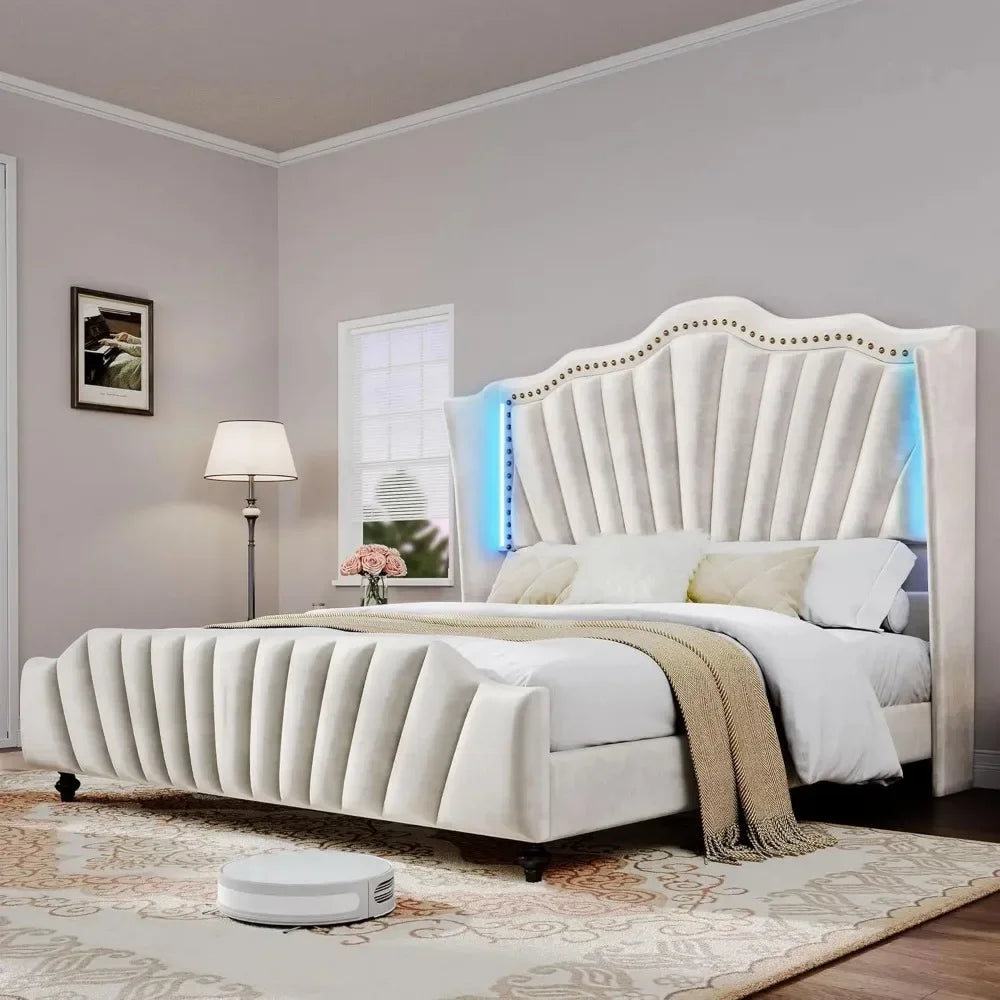 LED Queen Size Bed Frame with 60" Tall Wingback Headboard and Footboard, Solid Wood Leg, No Box Spring Needed, Easy Assembly
