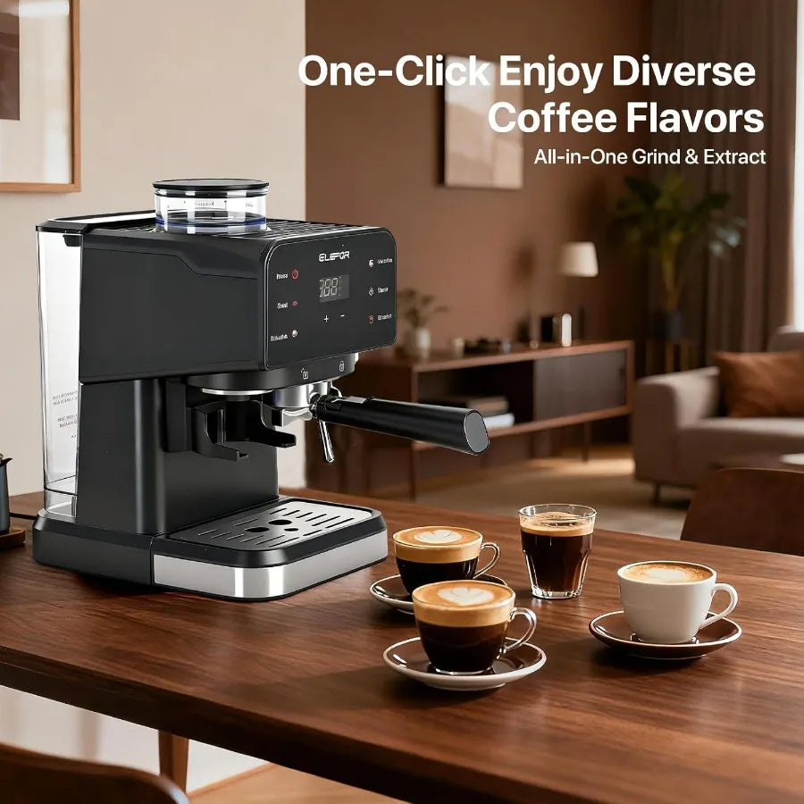 Professional Home Espresso Machine 20 Bar with Grinder and Milk Frother for Latte Cappuccino Black