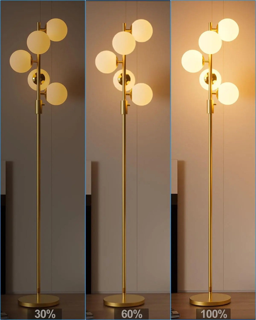 Mid Century Modern Dimmable Floor Lamp with 5x G9 3000K Bulbs, Gold Adjustable Standing Lamp for Living Room, Bedroom, Office