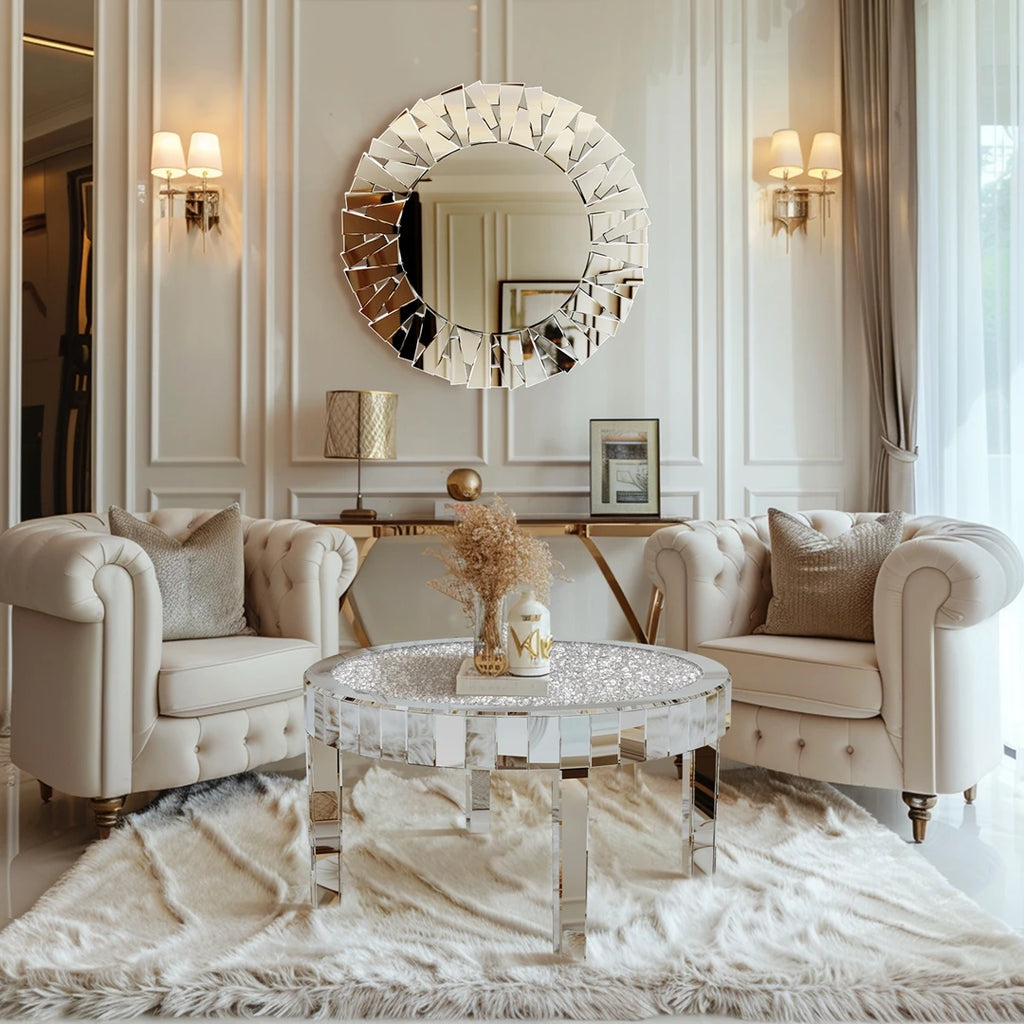 Luxury Round Silver Mirror Coffee Table Crystal Diamonds Inlay Accent Table Living Room Bedroom Modern Home Decor Furniture