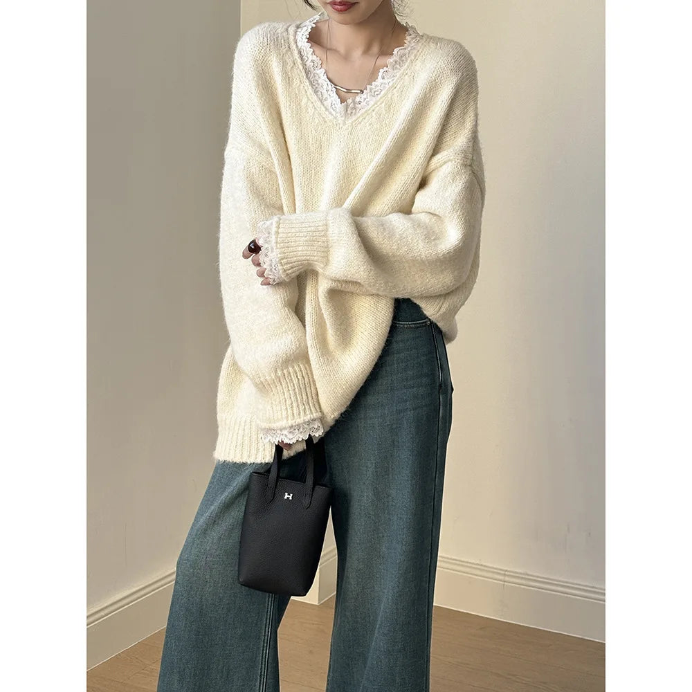 Lace Trim Warm Sweater For Women V Neck Long Sleeve Winter Loose Soft Top