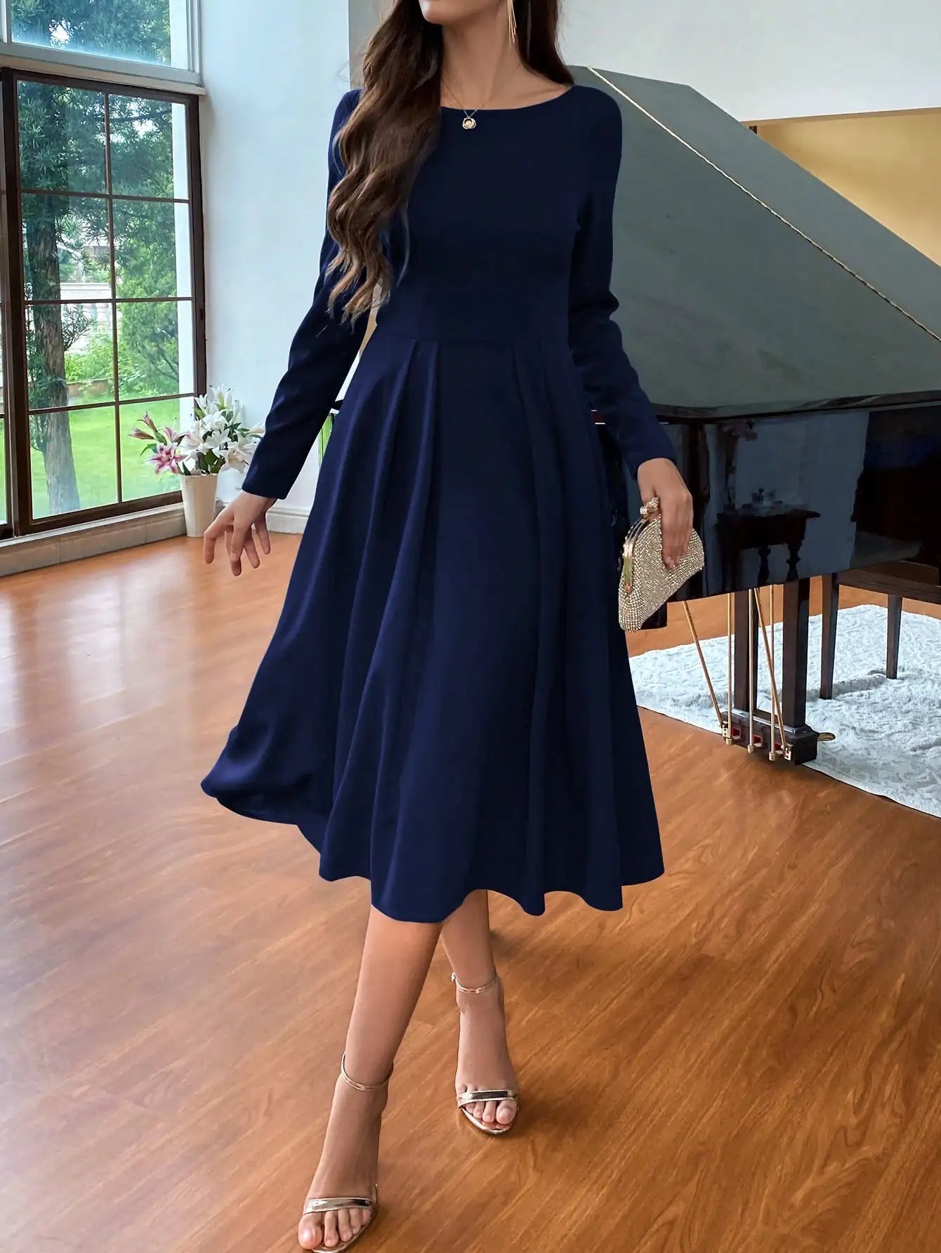 Wine Red Long Sleeve Round Neck Waist Seam A-Line Simple & Elegant Women Dress For Christmas