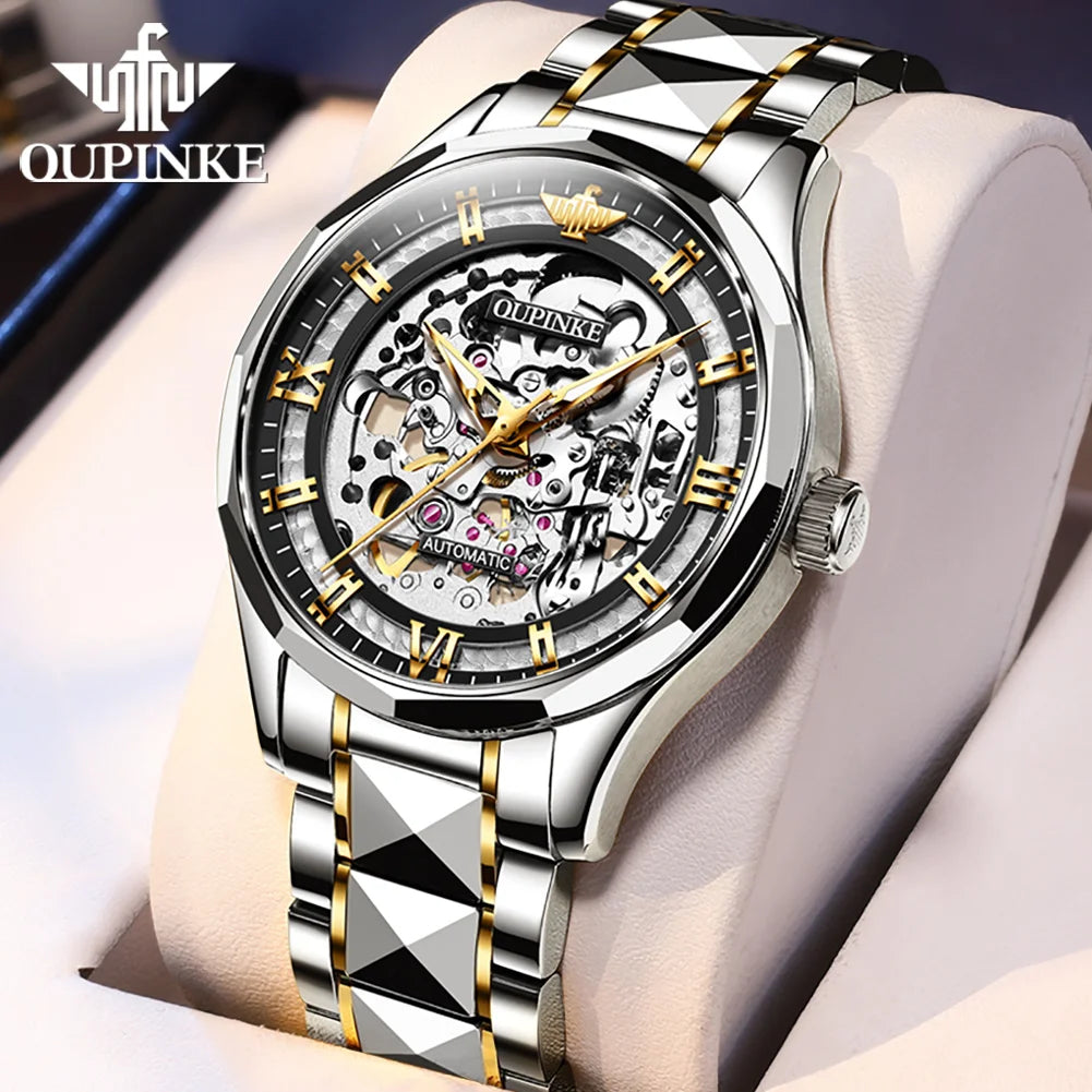 OUPINKE 3209 Men Automatic Watches Top Brand Hollow Skeleton Mechanical Watch For Men Luxury Waterproof Luminous Male Hand Clock