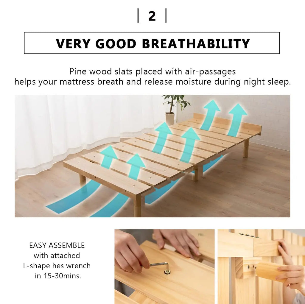 Wood Slatted Floor Bed Frame Full for Japanese Futon Mattress Solid Pine (Retro-Brown), Height Adjustable (2/7/12in) Tatam