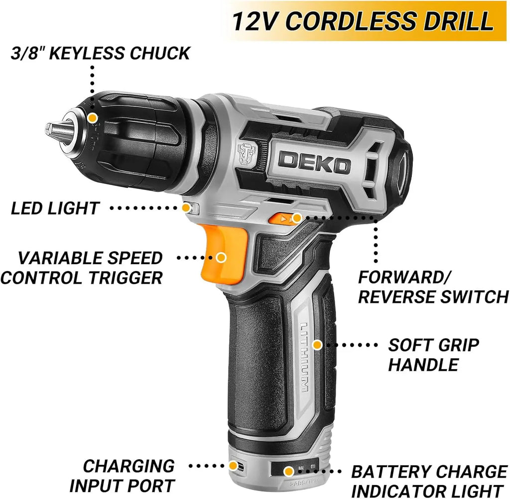 DEKO Home Mechanic Toolbox with 12V Power Cordless Drill Hand Repair Tools Sets Combo Kits Storage Organizer Drawer Case