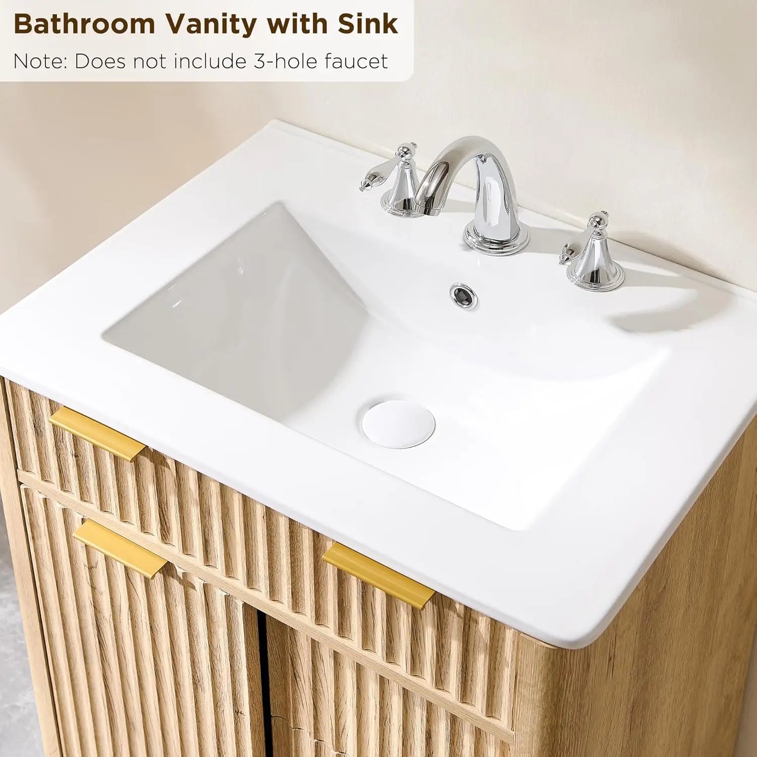24" Fluted Bathroom Vanity with Ceramic Sink Combo，Freestanding Small Modern Bathroom Storage Vanity Cabinet with Sliding Door