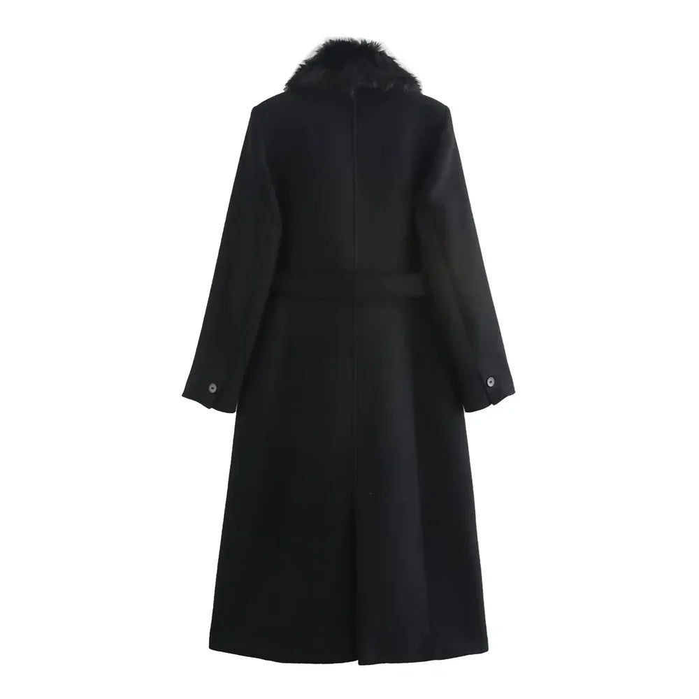 Women's Belt Warm Fur Collar Coat Flip Collar Pocket Button Decoration Autumn/Winter New Women's Wear