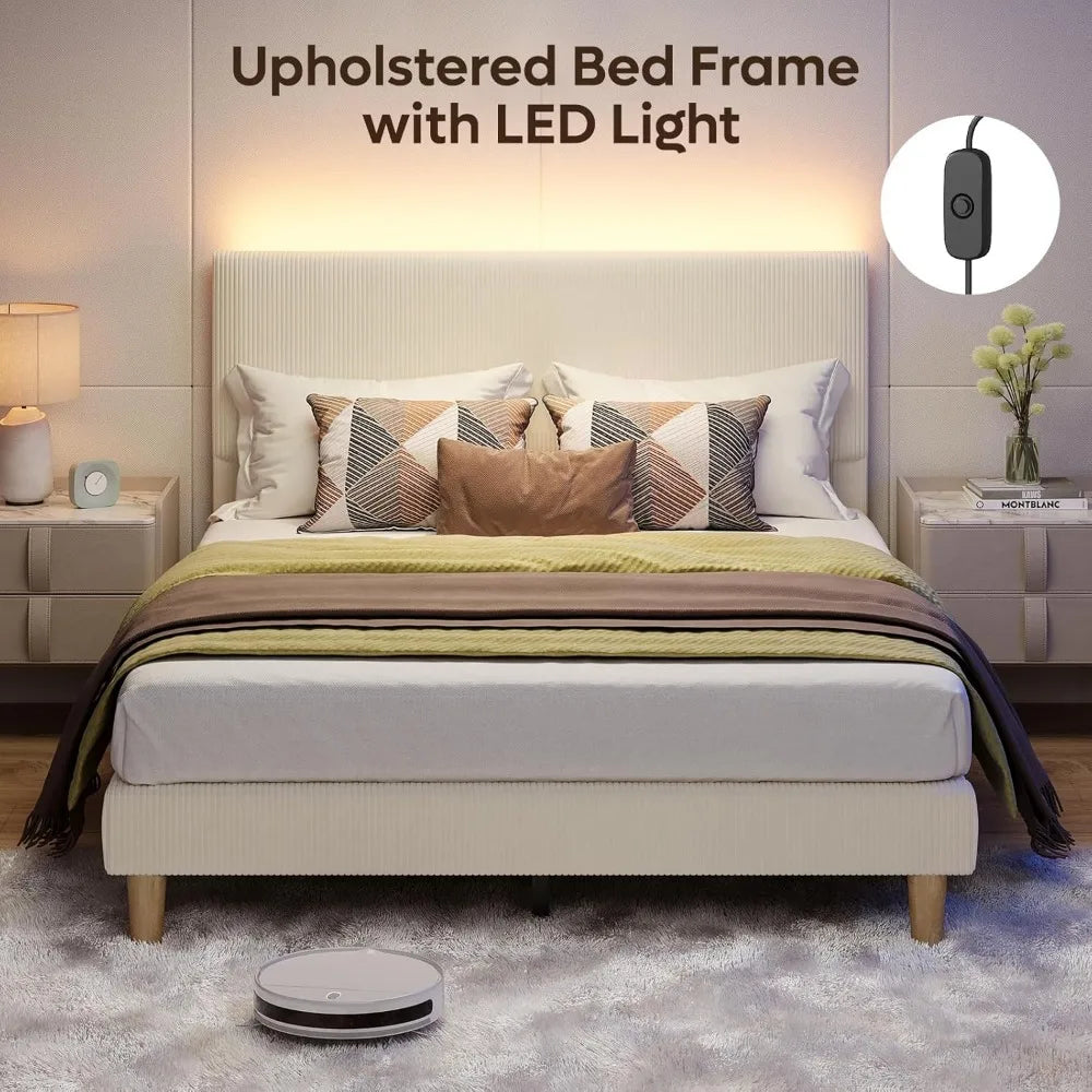 Queen Bed Frame with Adjustable Headboard, LED Lighting, Vertical Channel Tufted Corduroy Upholstered, Solid Wooden,Customized