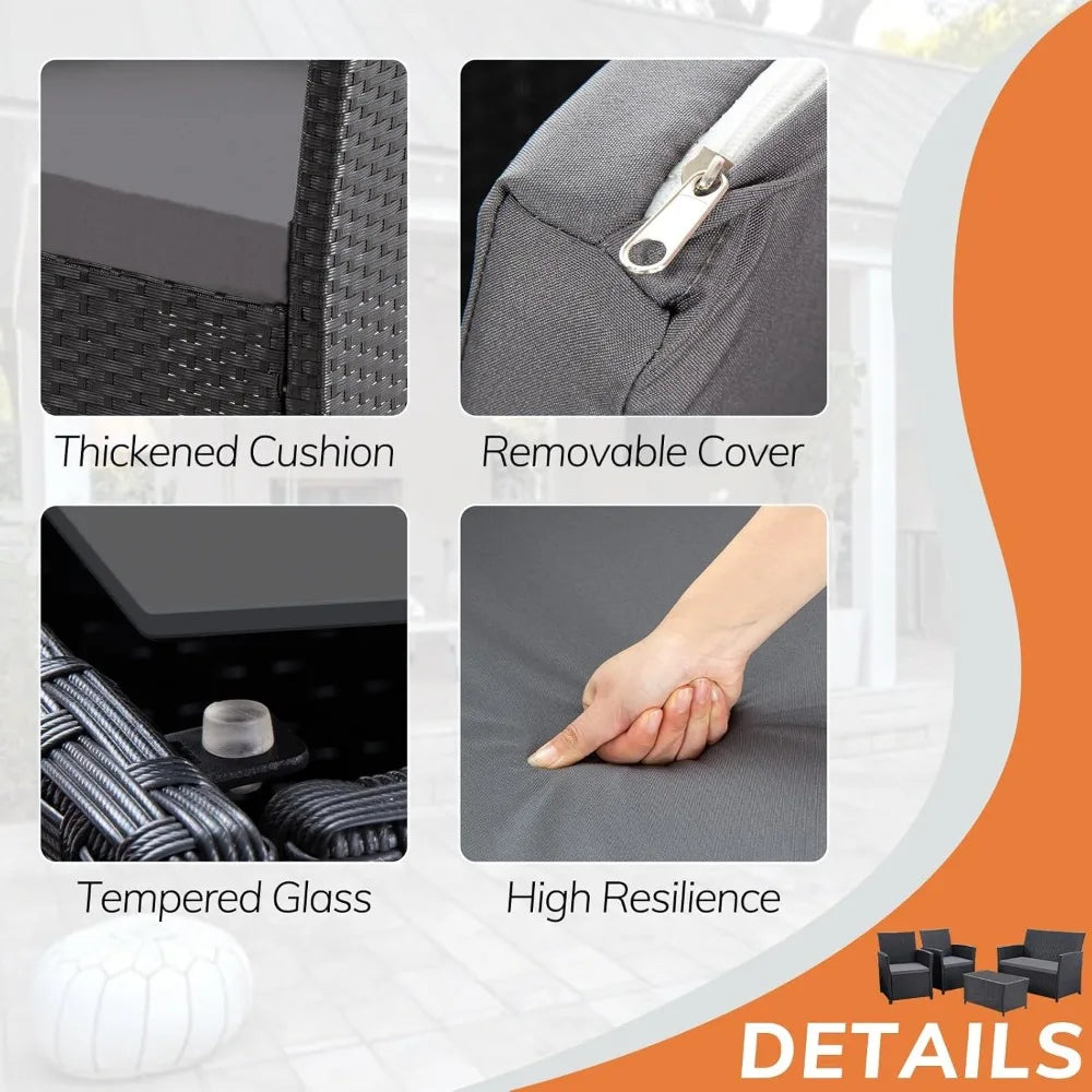 Patio Furniture Set, Outdoor Wicker Conversation Set, Rattan Sectional Sofa Couch with Glass Coffee Table & Thick Cushion