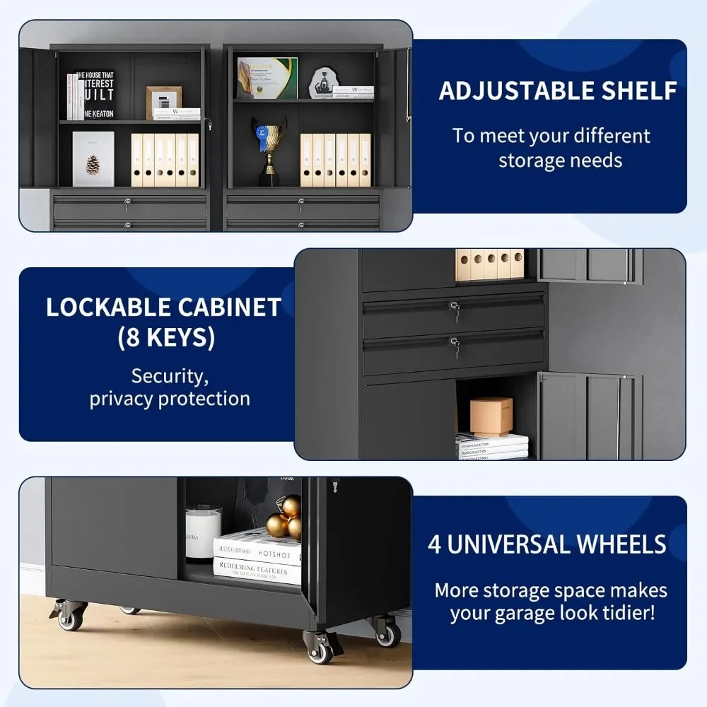 Metal Garage Storage Cabinet with Locking Doors and Adjustable Shelves, Rolling Tool Storage Cabinet with 4 Wheels and 2 Drawer