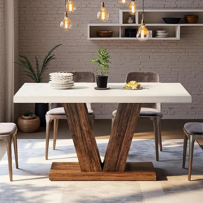 47 Inch Modern Farmhouse Dining Table with Heavy Duty Pedestal Base for 4, Rectangular Wooden Kitchen Table