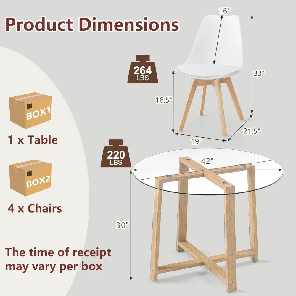 Tangkula 42-inch Round Glass Dining Table with 4-6 Seating Capacity, 0.3-inch Thick Tempered Glass Top, and 4 Upholstered Chairs