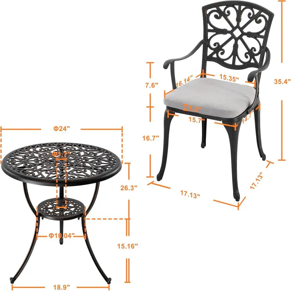 3 Piece Outdoor All Weather Cast Aluminum Patio Bistro Set Patio Table and Chairs Set of 2 with Umbrella Hole and Grey Cushions