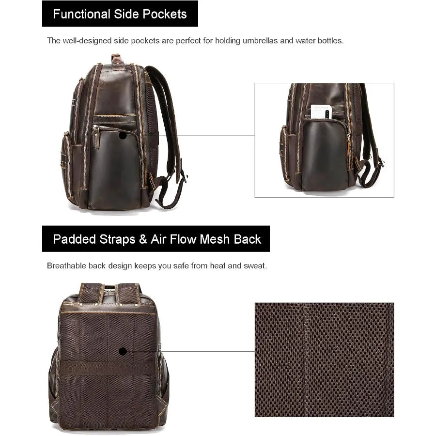 LANNSYNE Vintage Mens Full Grain Leather Backpack Fits 17.3 Inch Laptop Large Casual Rucksack Shoulder Bag For Travel/Camping/H