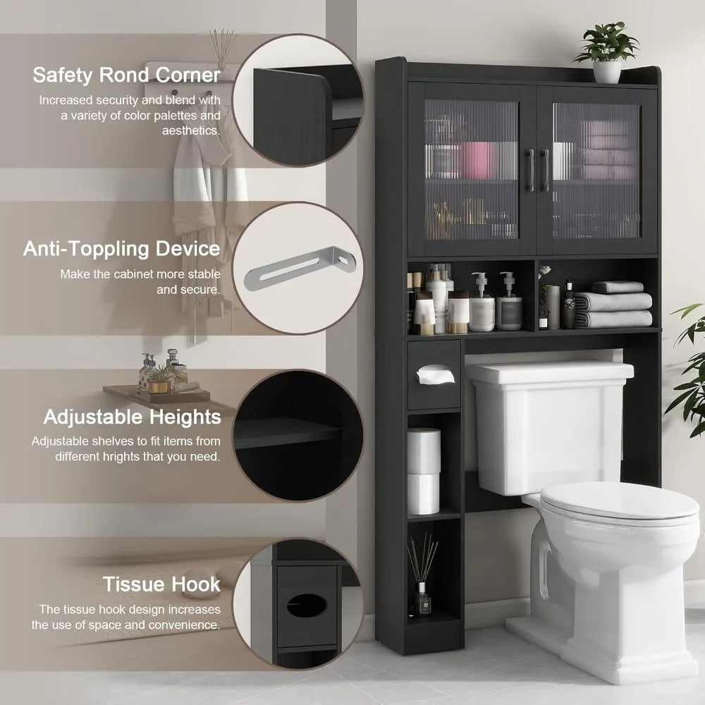 Farmhouse Style Over-the-Toilet Storage Cabinet with 2 Acrylic Wave Doors for Space-Saving Bathroom Storage