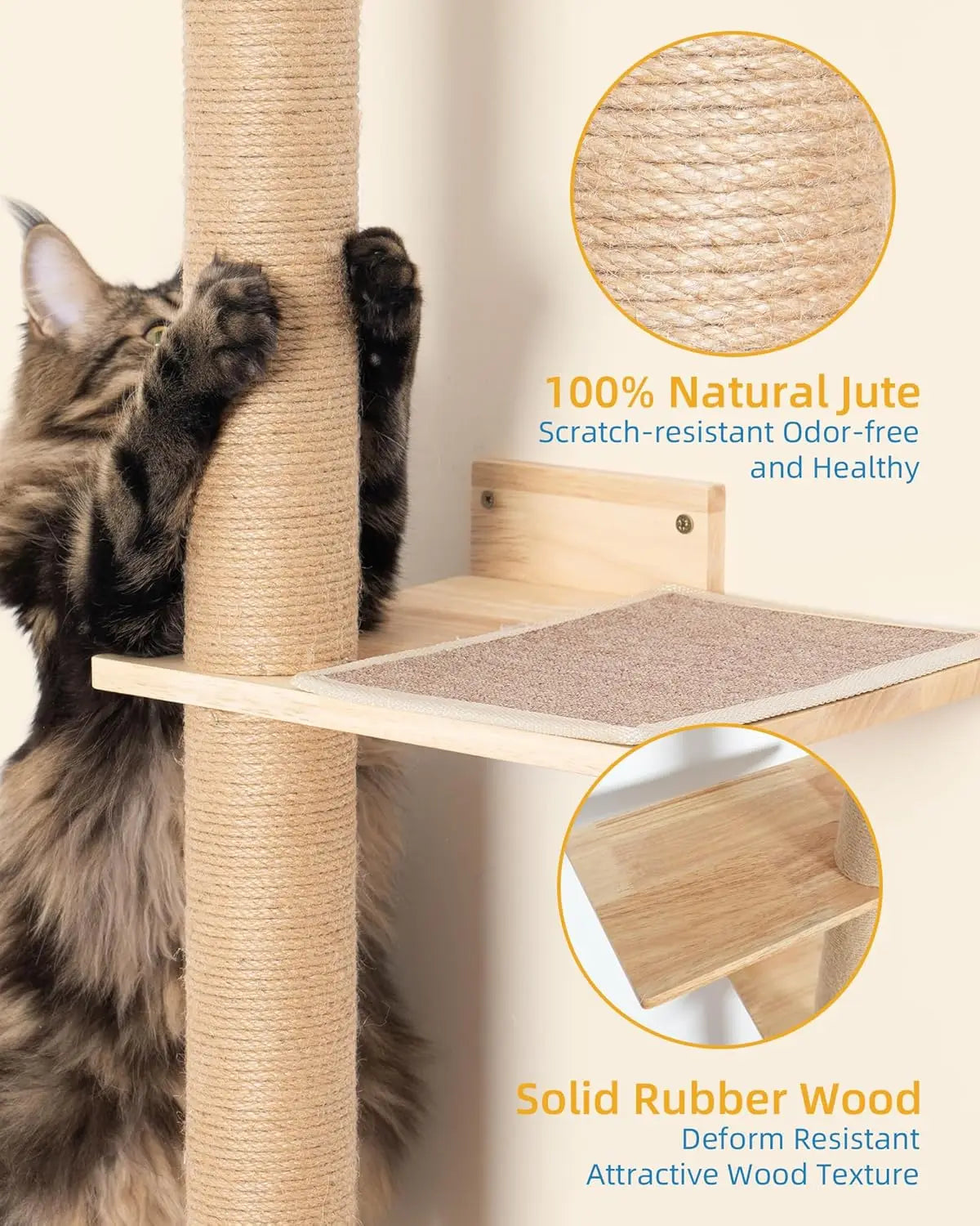 80-Inch Wall-Mounted Cat Tree with Adjustable Perches for Large Cats, Floor-to-Ceiling Climbing Tower