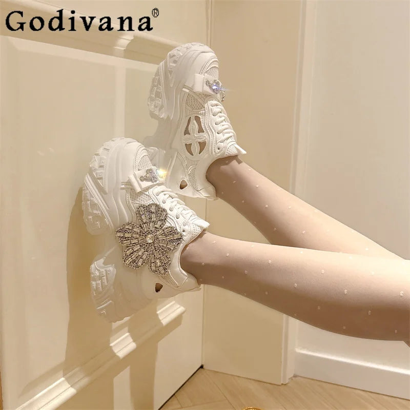 Thick Soled Mesh Rhinestone Chunky Sneakers for Women New Lace Up Height Increasing Shoes Female Japanese Style Casual Sneakers
