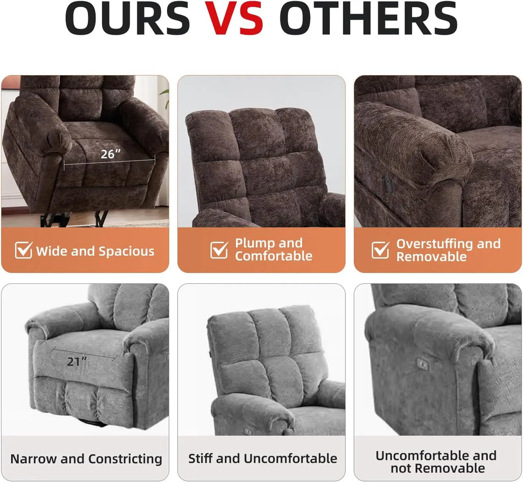 Oversized Lift Recliner Chair with Massage & Heat, 26' Wide, Chenille Electric Recliner with USB Port, Coffee