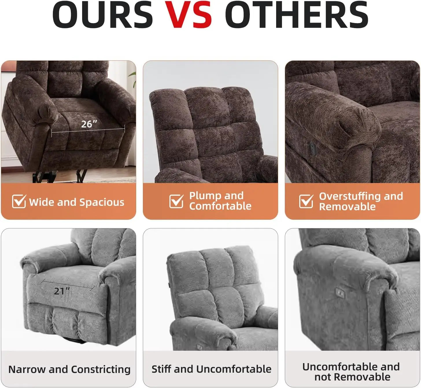 Oversized Lift Recliner Chair with Massage & Heat, 26' Wide, Chenille Electric Recliner with USB Port, Coffee