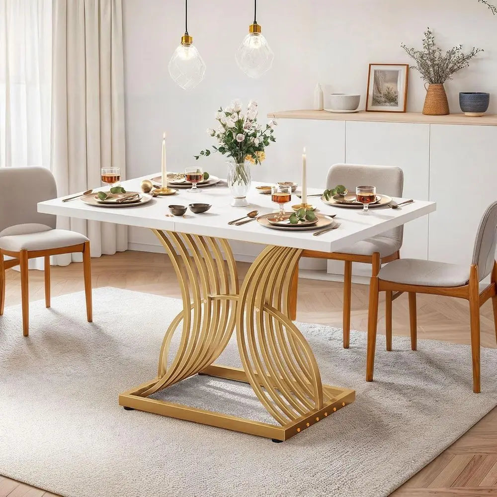 Modern Rectangular Dining Table, White Top & Geometric Gold Legs, Seats 4, Small Kitchen Table for Dining Room