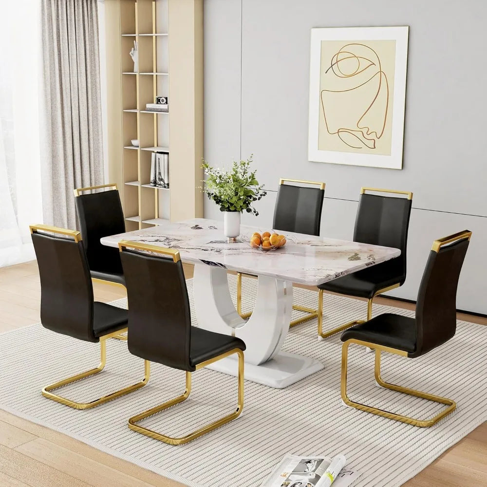 Modern 6-Piece Dining Set with 63 Marble Table and Leather Chairs
