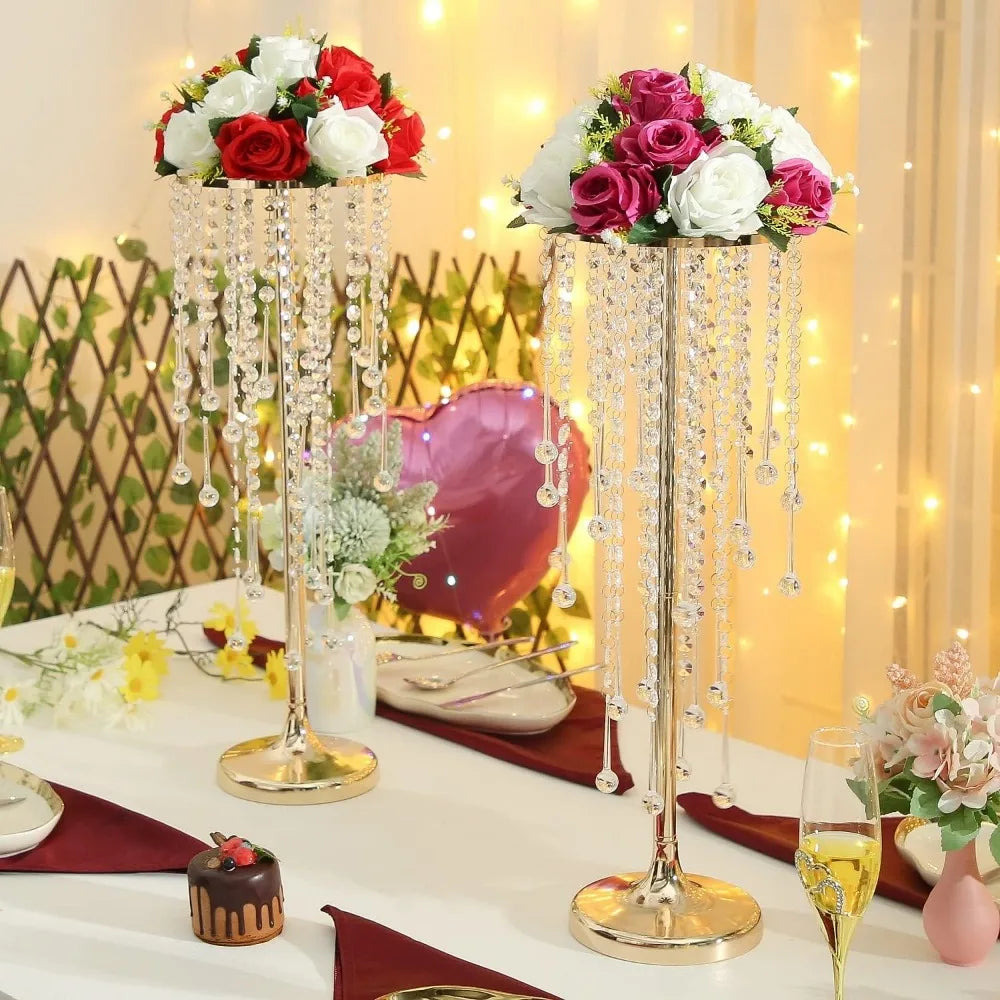 10-Piece Crystal Flower Stands with Gold Vases for Elegant Home, Party, and Wedding Centerpieces