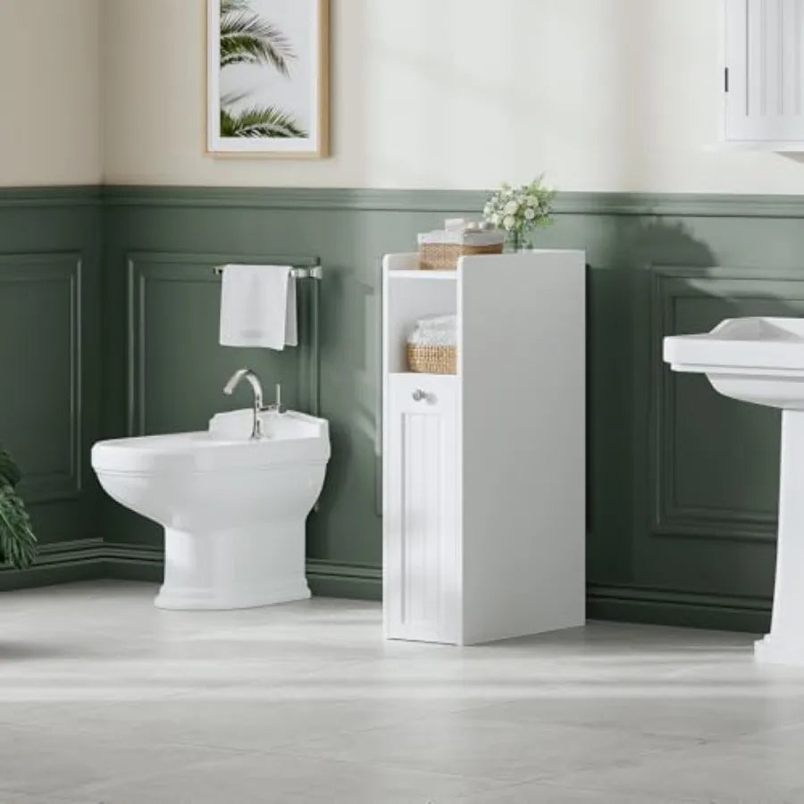 ChooChoo Slim Bathroom Storage Cabinet Small Narrow Storage Organizer with Slide Out Drawers Freestanding Toilet Paper Holder B