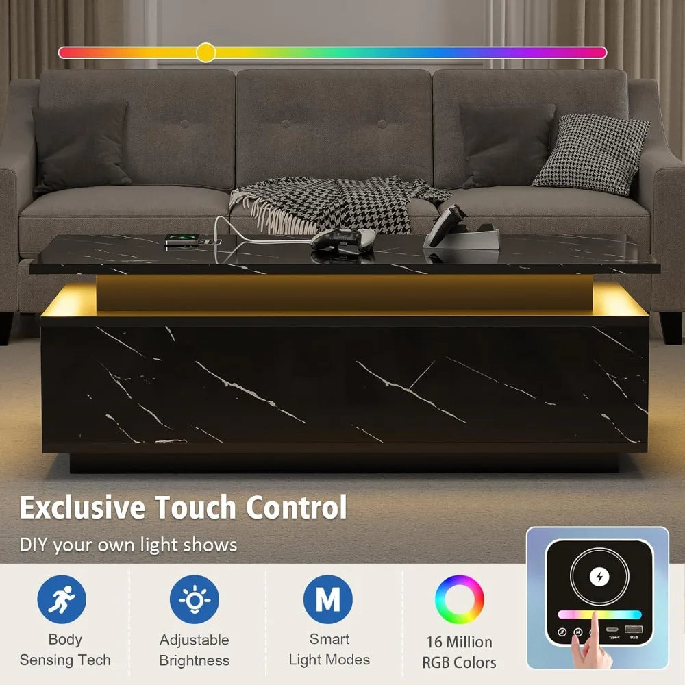 LED Coffee Table with Storage, Black Coffee Table with Wireless Charging and Speaker, High Glossy Modern Center Table with 24 Co
