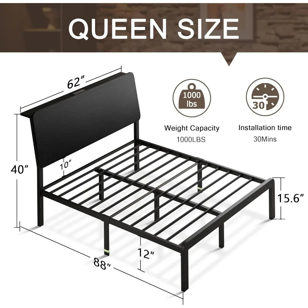 Queen Bed Frame with Ergonomic Storage Headboard,LED Bed Frame with Charging Station, 12" UnderBed Storage,Heavy-Duty,Customized