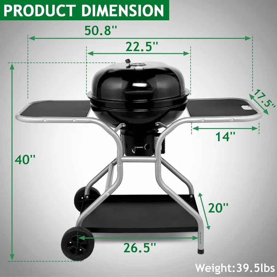 22 inch Outdoor Barbecue Pit Grill Cart with 2 Side Tables for Patio Backyard Camping Picnic Cooking Portable Kettle Charcoal G