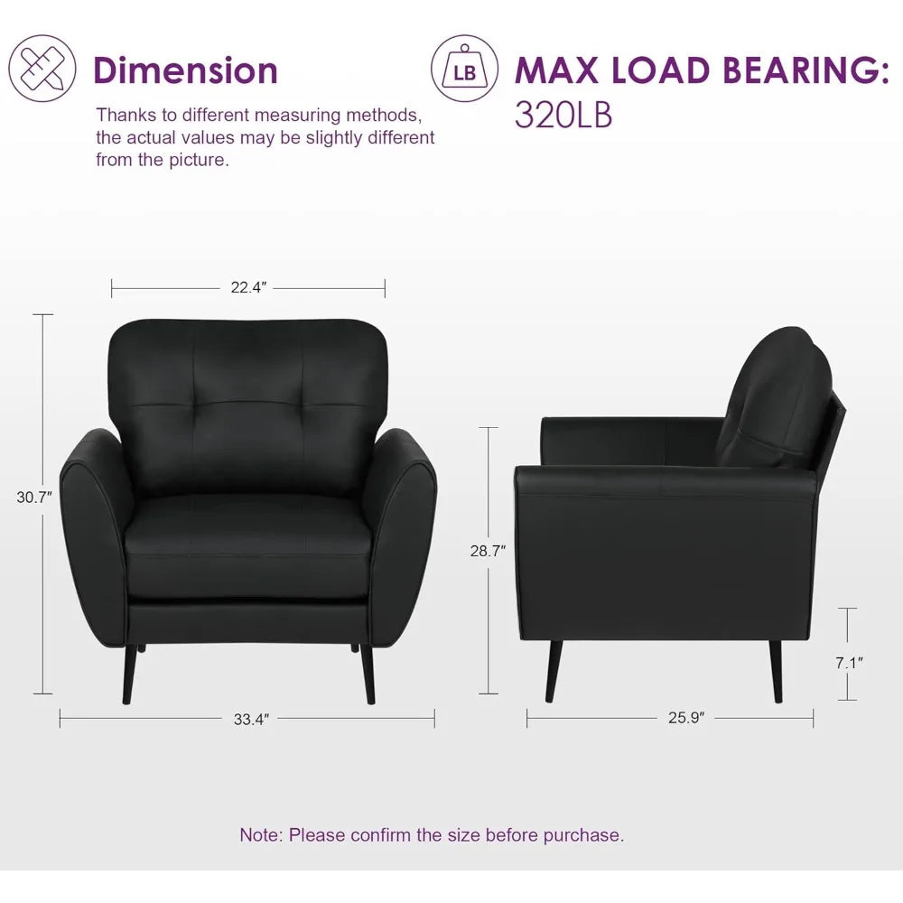 TYBOATLE Accent Chairs Set of 2, Comfy Modern Living Room Chair Black Leather Reading Accent Chairs Tufted Mid Century Arm Chair