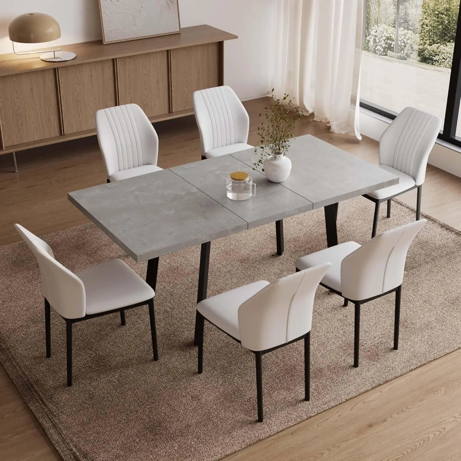 47.2"- 62.9" Extendable Dining Table Set for 6, Modern Kitchen Table with 6 PU Leather Chairs, Thickened Expandable, Customized