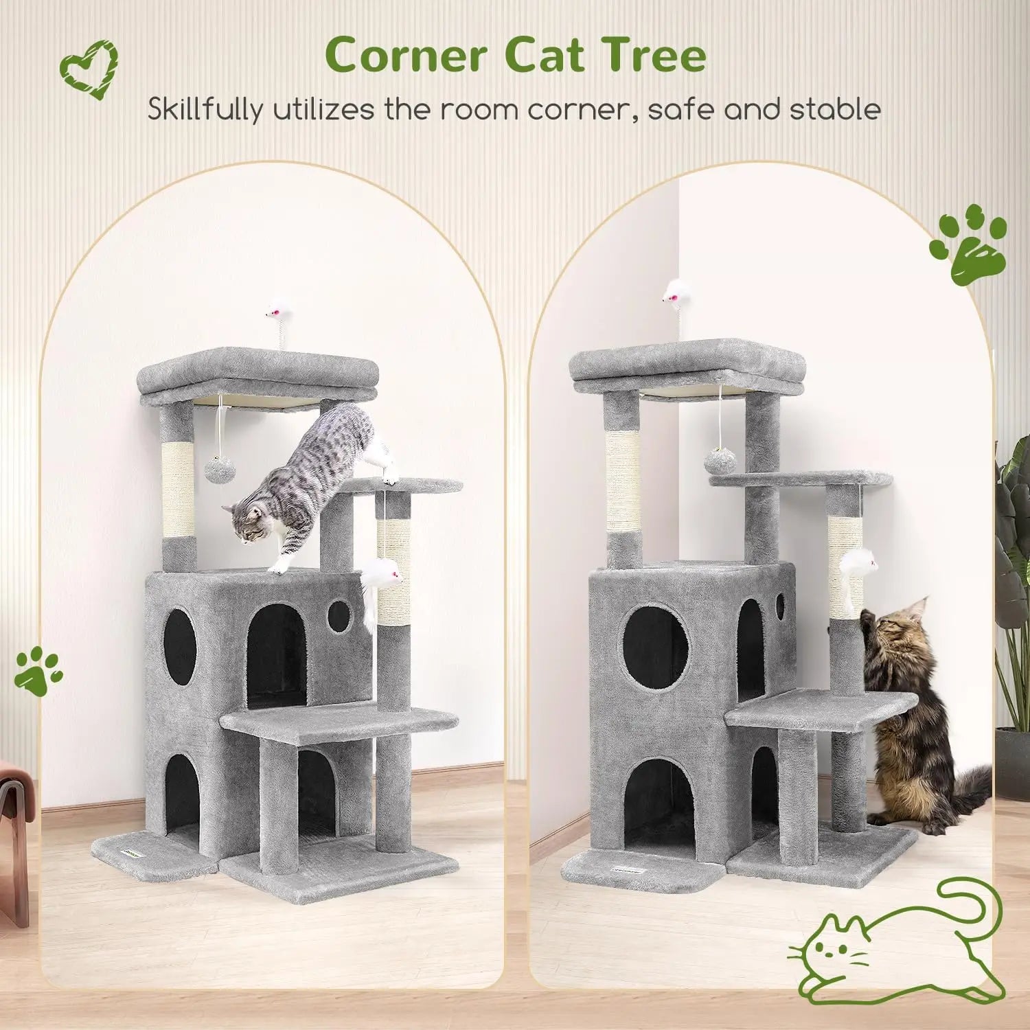 50-inch Cat Tree Tower for Large Indoor Cats with Steps, Scratching Post, Caves, and Toys in Light Grey