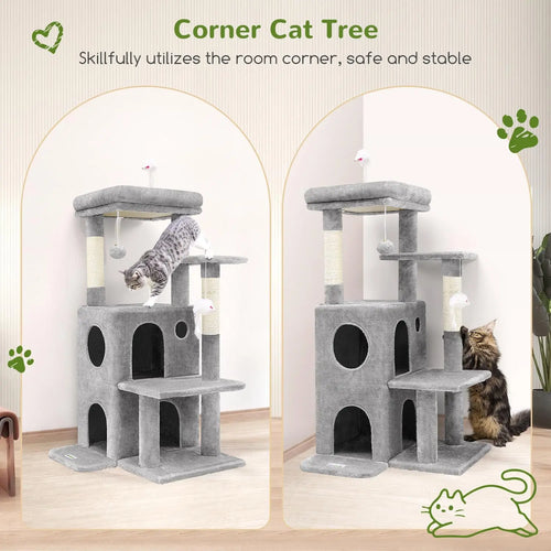 50-inch Cat Tree Tower for Large Indoor Cats with Steps, Scratching Post, Caves, and Toys in Light Grey