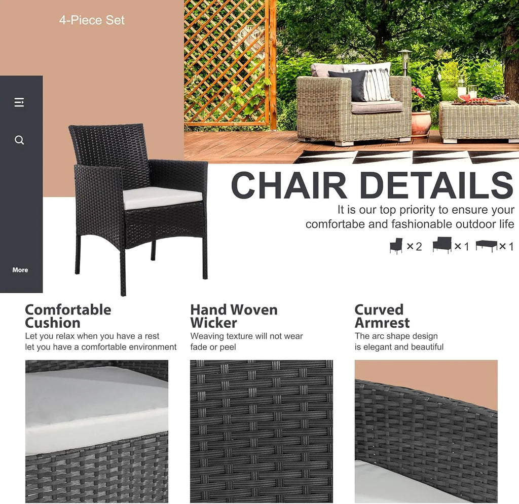 4-Piece Outdoor Patio Furniture Set with Wicker Chairs and Glass Coffee Table for Garden or Poolside