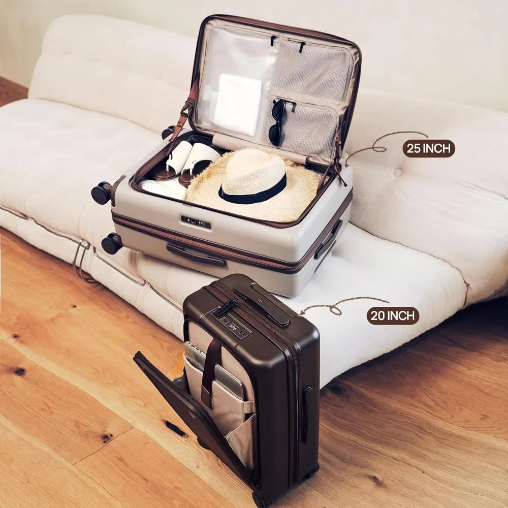 Carry On Luggage 22x14x9 Airline Approved, 20 Inch Suitcase with Front Compartment & Cup Holder, Coffee-Infused PC Hard
