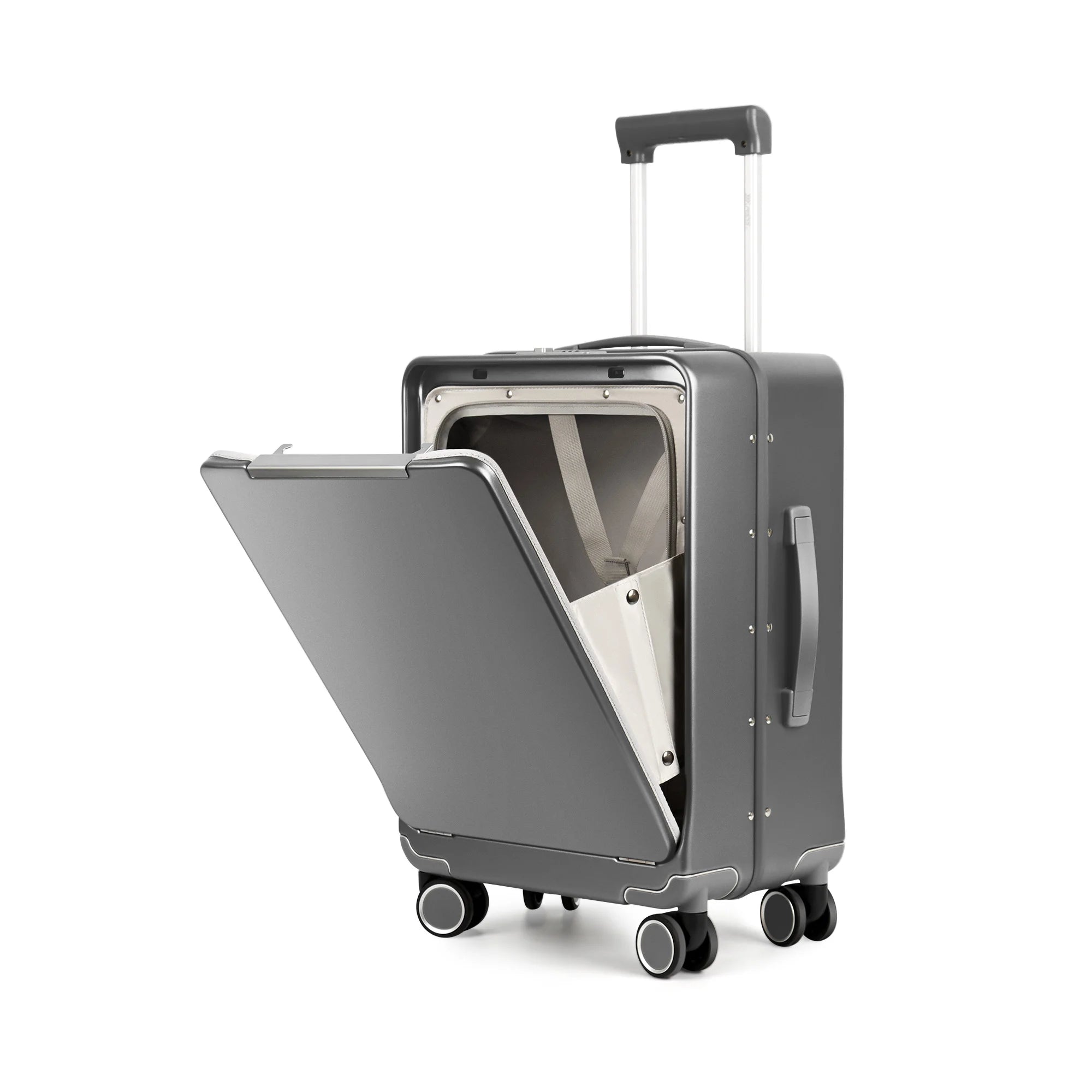 Aluminum Frame Suitcase Front Opening Rolling Travel Luggage Lightweight 20 Inch Carry-On Suitcase with Cup Holder & Side Hooks