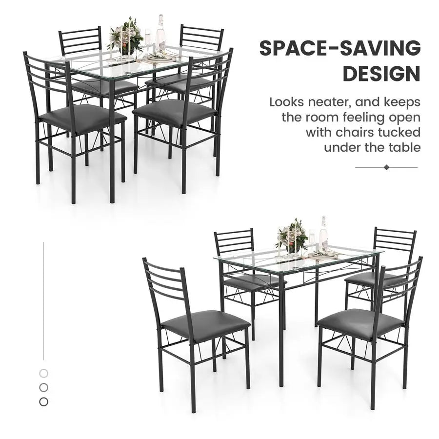 5Piece Dining Table Set for 4, Modern 3 8 Tempered Glass Kitchen Room Table with 4 Upholstered Dining Chairs, SpaceSaving Dinett