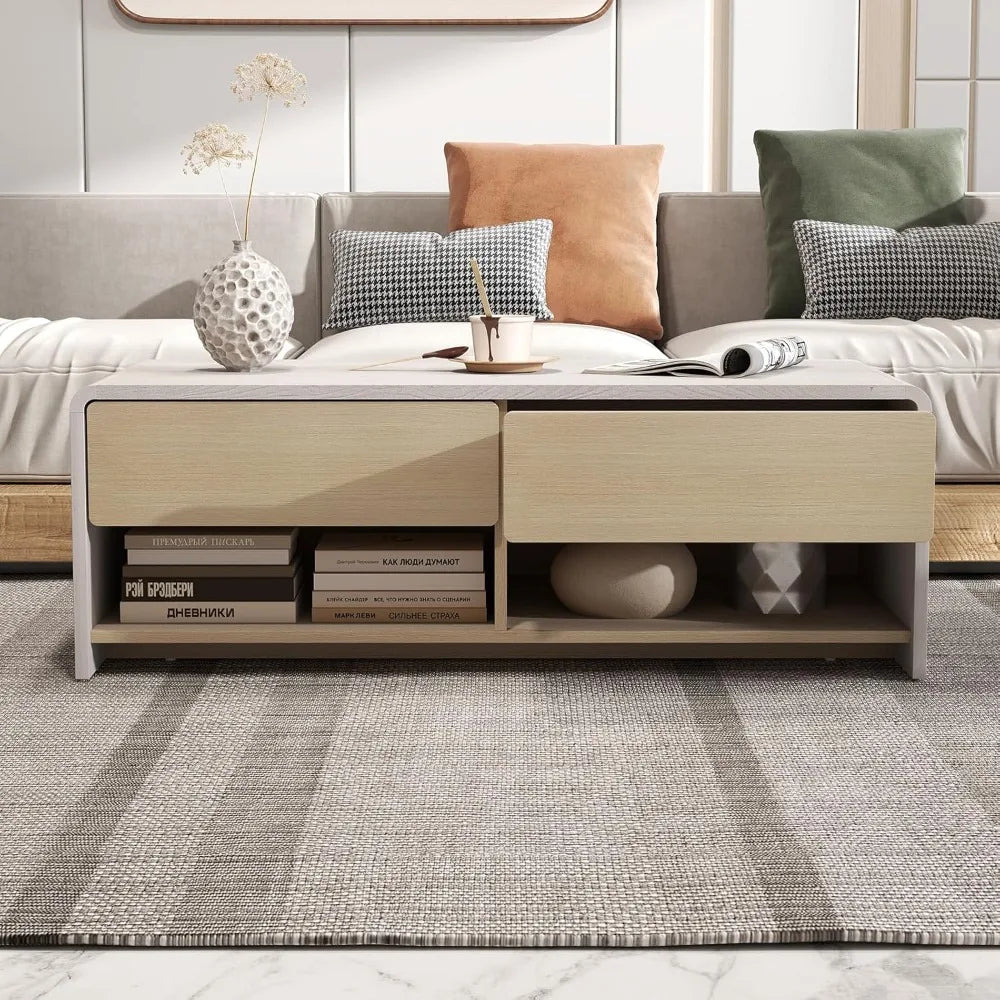 Coffee Table with Storage Drawers, 43 Inch Modern Cocktail Tea Table with 2 Compartments, Wooden Rectangular Center Table