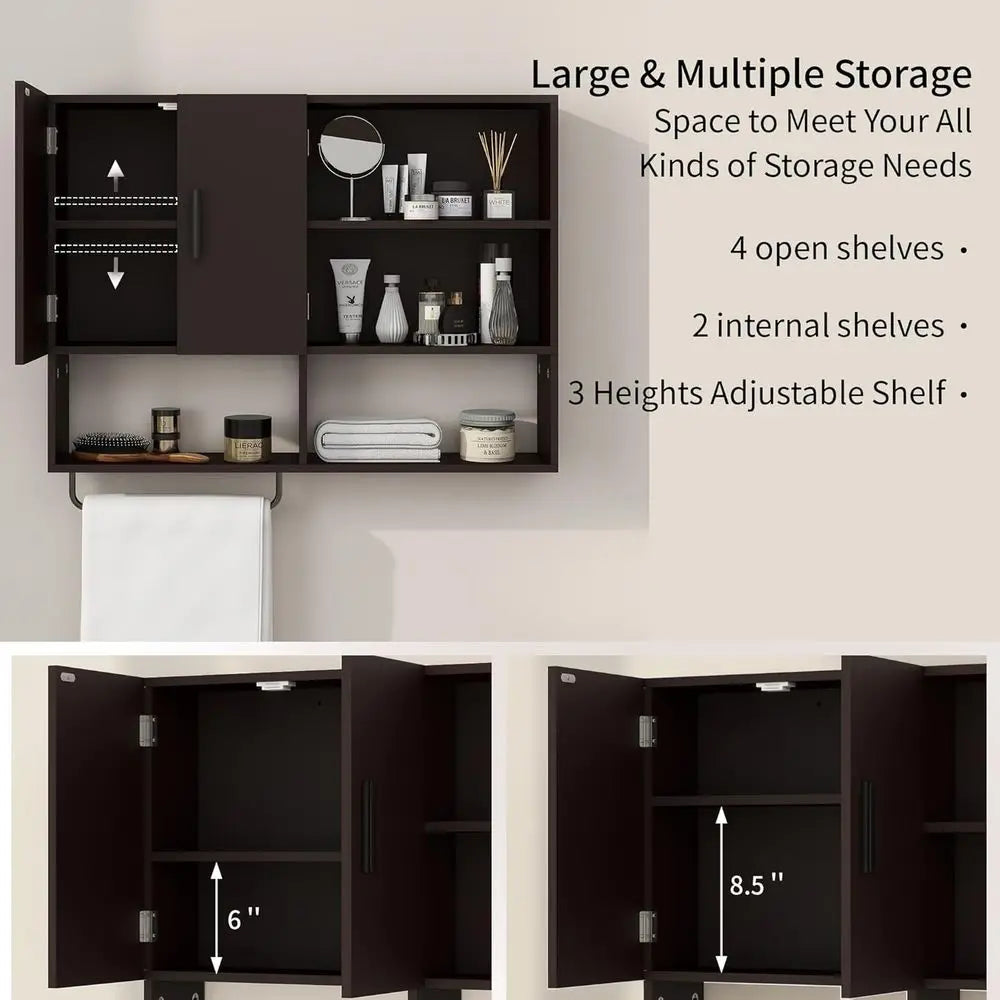 Medicine Cabinet, Wooden Bathroom Wall Cabinet with 2 Doors, Adjustable Shelves & Towel Bar, Over Toilet Storage Cabinet Wall Mo