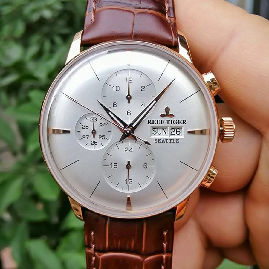 reef tiger Men's Mechanical Watch, Fully automatic multi-functional dual calendar Business men's watch, Men's clock RGA1699