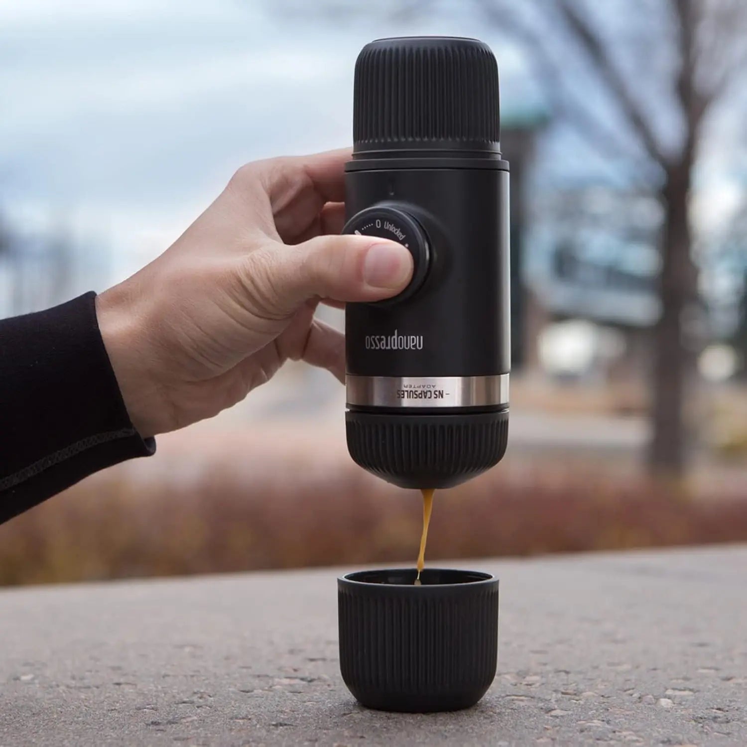 Nanopresso Portable Espresso Maker with NS Adapter, Compatible with NS Capsules & Ground Coffee, Travel Coffee Machine for Campi