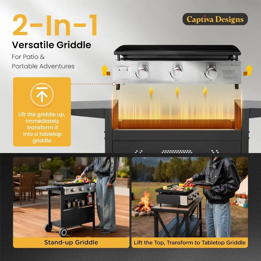 27 in Flat Top Griddle Grill with Ceramic Coated Cast Iron Pan 3-Burner Propane Gas Griddle Grill 33 000 BTU Output for Outdoor