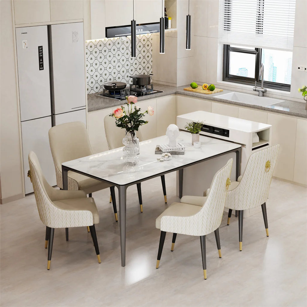 LUVODI 1.6m Luxury Dining Table Rectangle Kitchen Room Table with Marble Cover Tempered Glass Top Non-rusting Aluminum Legs